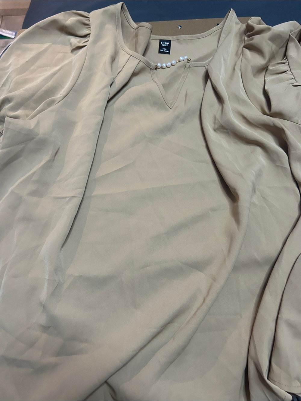 SHEIN Beige Pearl-Trim Puff Sleeve Blouse